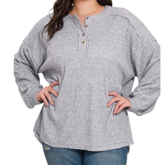 Zenana Ribbed Brushed Melange Hacci Sweater with Chest Pocket